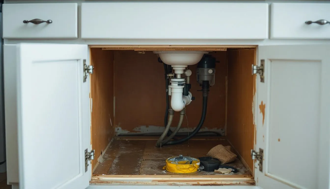 Water-Damaged Kitchen Cabinets Under the Sink in Austin